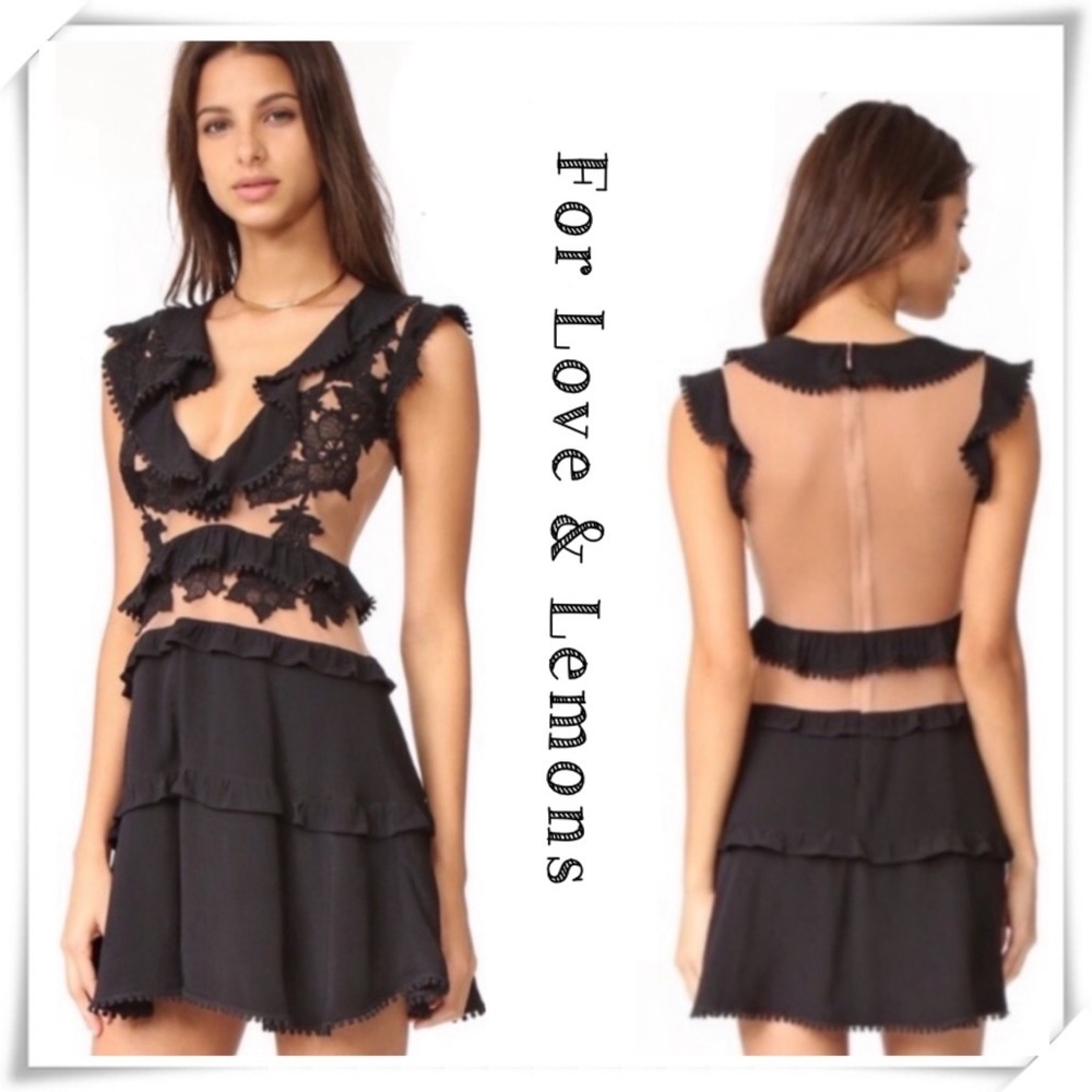 For Love & Lemons Laney Lou Ruffle Sheer Dress In Black